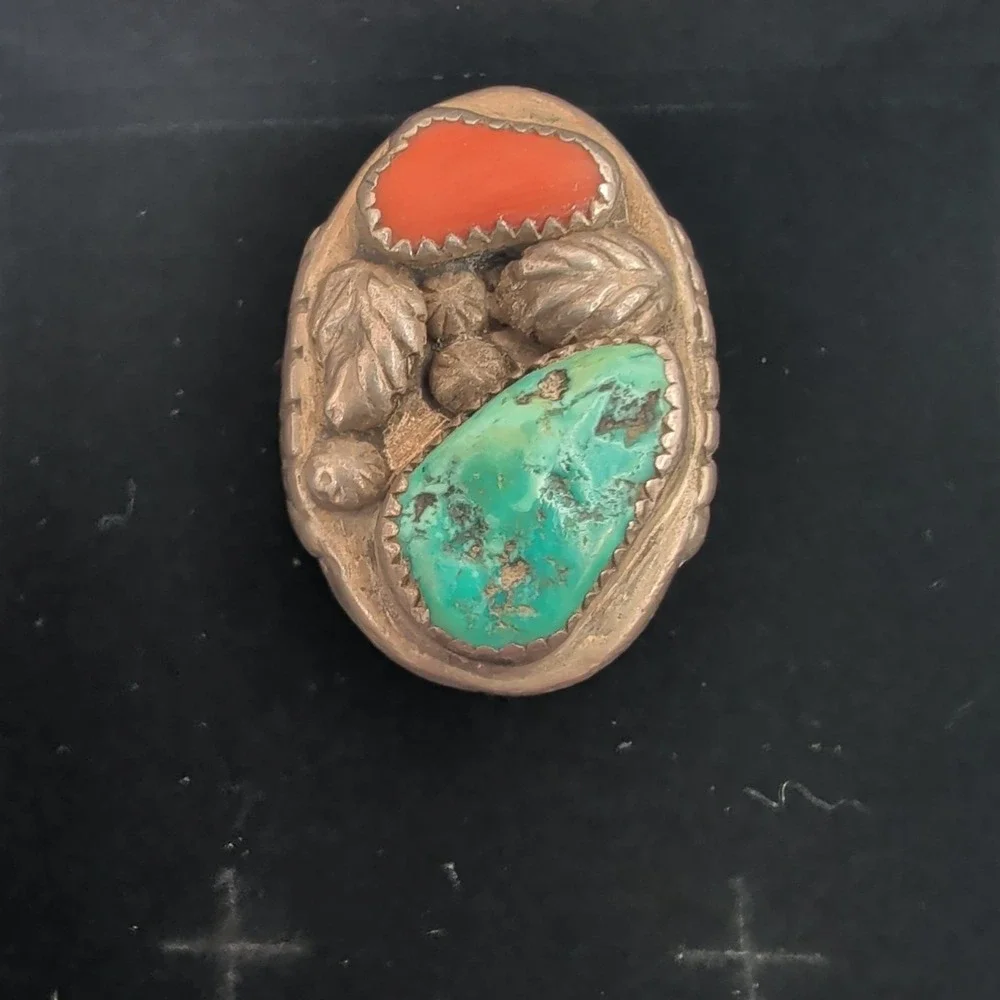 Vintage Heavy Southwestern Sterling Silver 30g Turquoise Coral Leaf Ring Sz 8.75